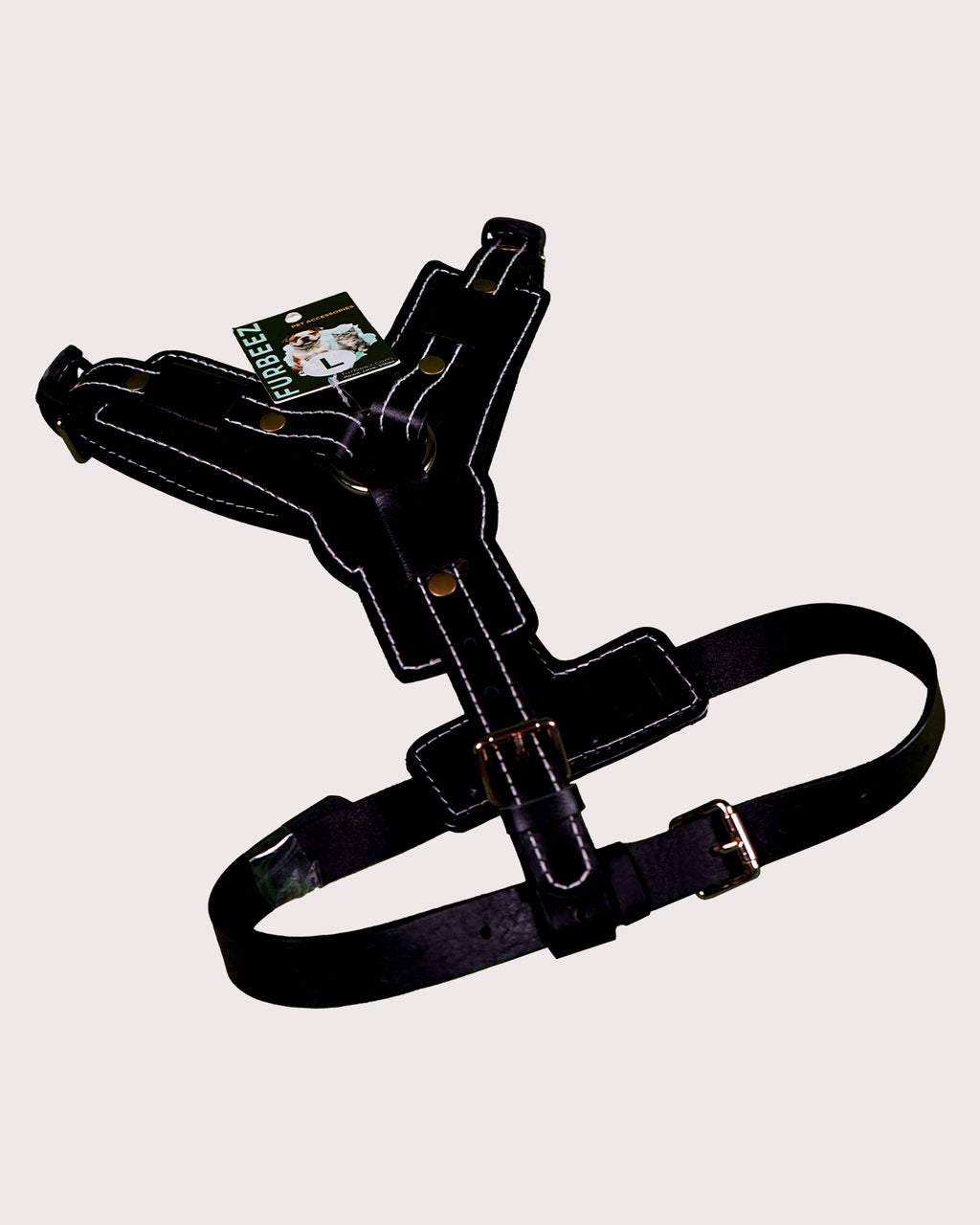 Furbeez Pet Accessories : Black Dog Genuine Leather Harness Large