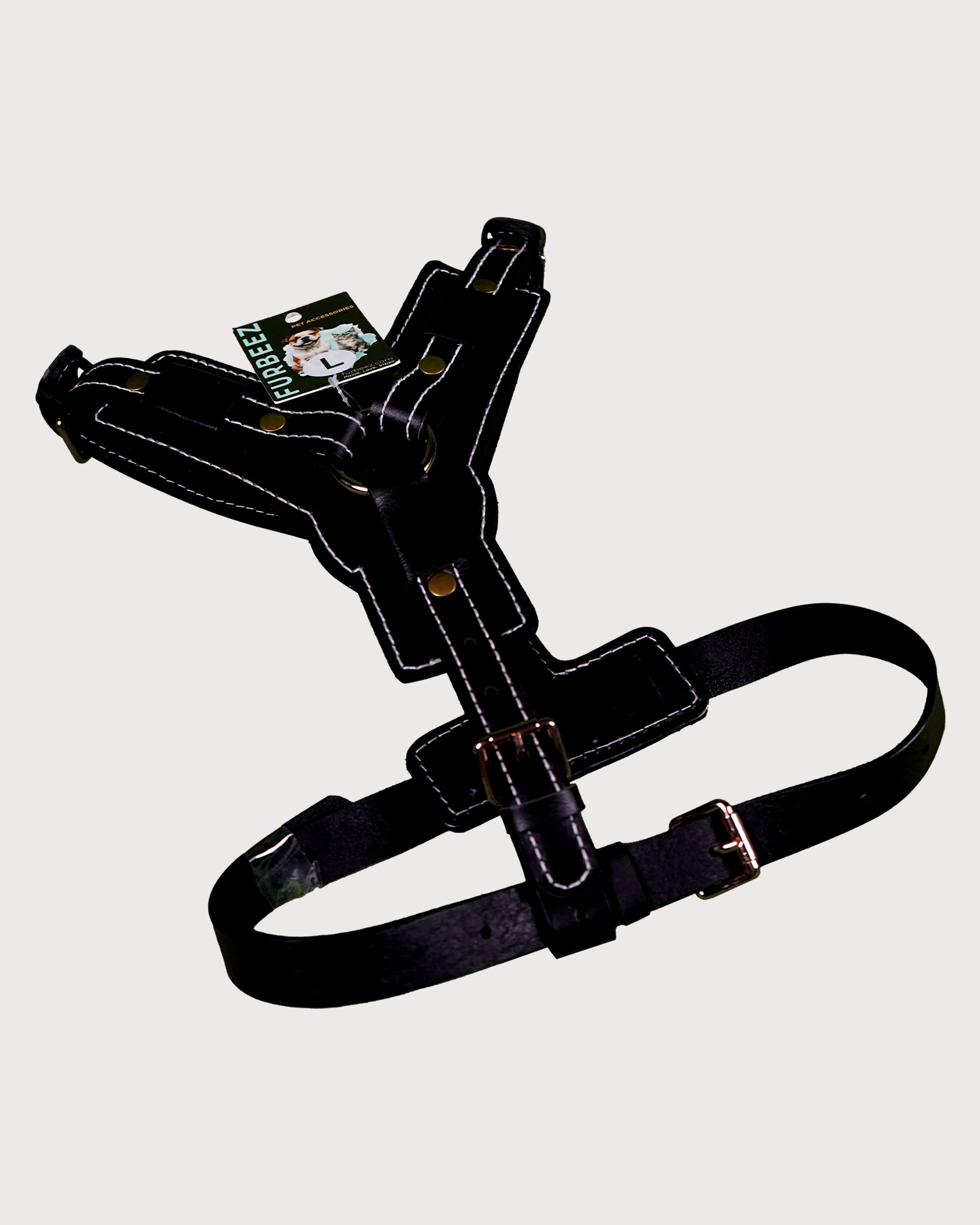 Furbeez Pet Accessories : Black Dog Genuine Leather Harness Large